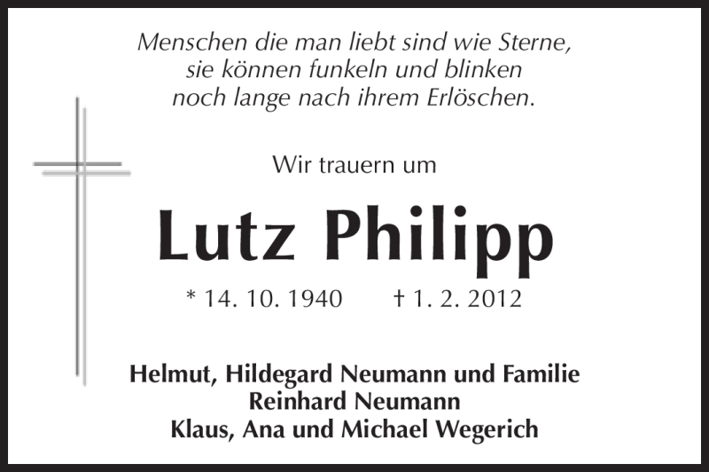  Traueranzeige für Lutz Philipp vom 04.02.2012 aus Echo-Zeitungen (Gesamtausgabe)