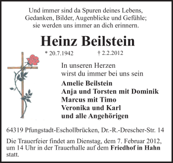 Traueranzeige von Heinz Beilstein von Darmstädter Echo, Odenwälder Echo, Rüsselsheimer Echo, Groß-Gerauer-Echo, Ried Echo