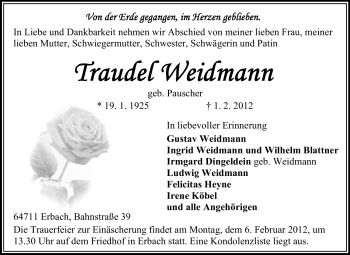 Traueranzeige von Traudel Weidmann von Odenwälder Echo