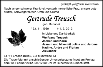 Traueranzeige von Gertrude Treusch von Odenwälder Echo