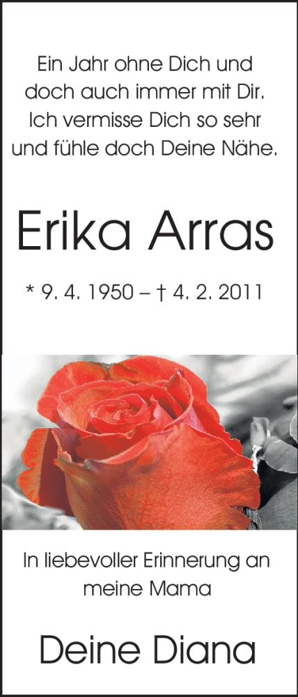  Traueranzeige für Erika Arras vom 04.02.2012 aus Echo-Zeitungen (Gesamtausgabe)