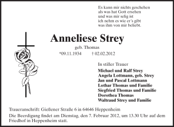 Traueranzeige von Annelise Strey von Starkenburger Echo, Bergsträßer Anzeiger