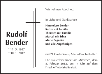 Traueranzeige von Rudolf Bender von Rüsselsheimer Echo, Groß-Gerauer-Echo, Ried Echo