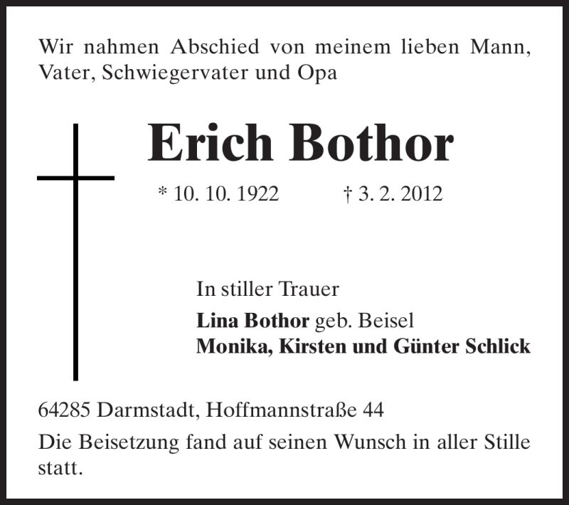  Traueranzeige für Erich Bothor vom 11.02.2012 aus Darmstädter Echo, Odenwälder Echo, Rüsselsheimer Echo, Groß-Gerauer-Echo, Ried Echo
