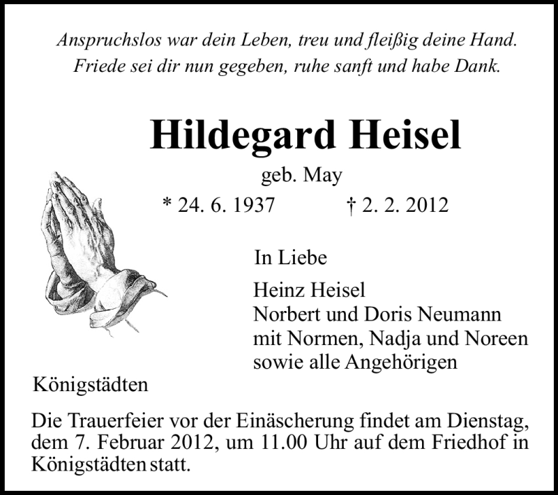  Traueranzeige für Hidegard Heisel vom 04.02.2012 aus Rüsselsheimer Echo, Groß-Gerauer-Echo, Ried Echo