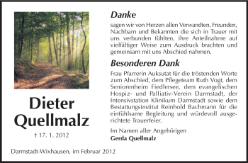 Traueranzeige von Dieter Quellmalz von Echo-Zeitungen (Gesamtausgabe)