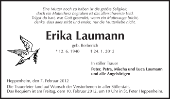 Traueranzeige von Erika Laumann von Starkenburger Echo