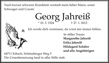 Traueranzeige von Georg Jahreiß von Odenwälder Echo