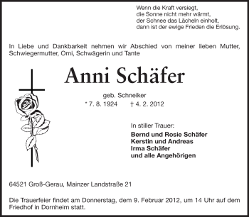 Traueranzeige von Anni Schäfer von Rüsselsheimer Echo, Groß-Gerauer-Echo, Ried Echo