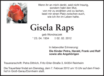 Traueranzeige von Gisela Raps von Rüsselsheimer Echo, Groß-Gerauer-Echo, Ried Echo