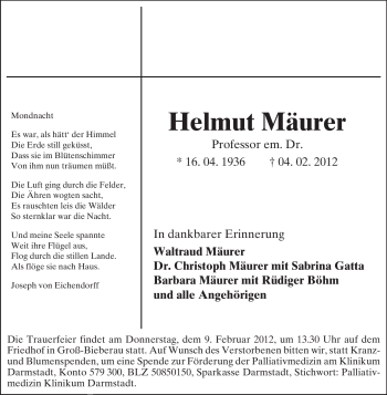 Traueranzeige von Helmut Mäurer von Echo-Zeitungen (Gesamtausgabe)