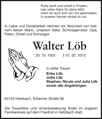 Traueranzeige von Walter Löb von Odenwälder Echo