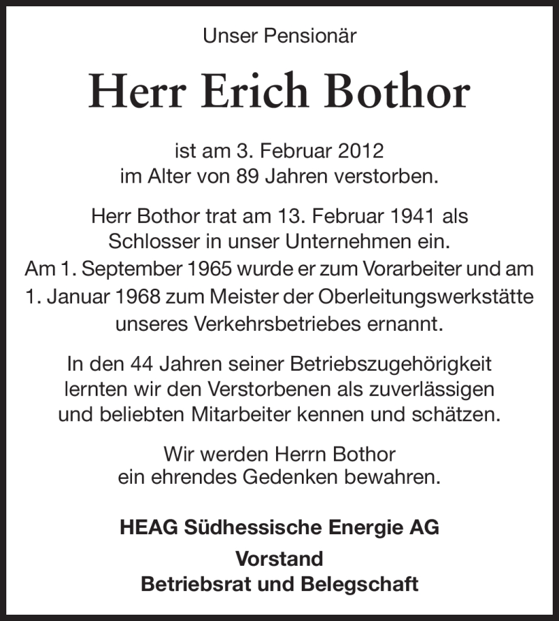  Traueranzeige für Erich Bothor vom 11.02.2012 aus Echo-Zeitungen (Gesamtausgabe)