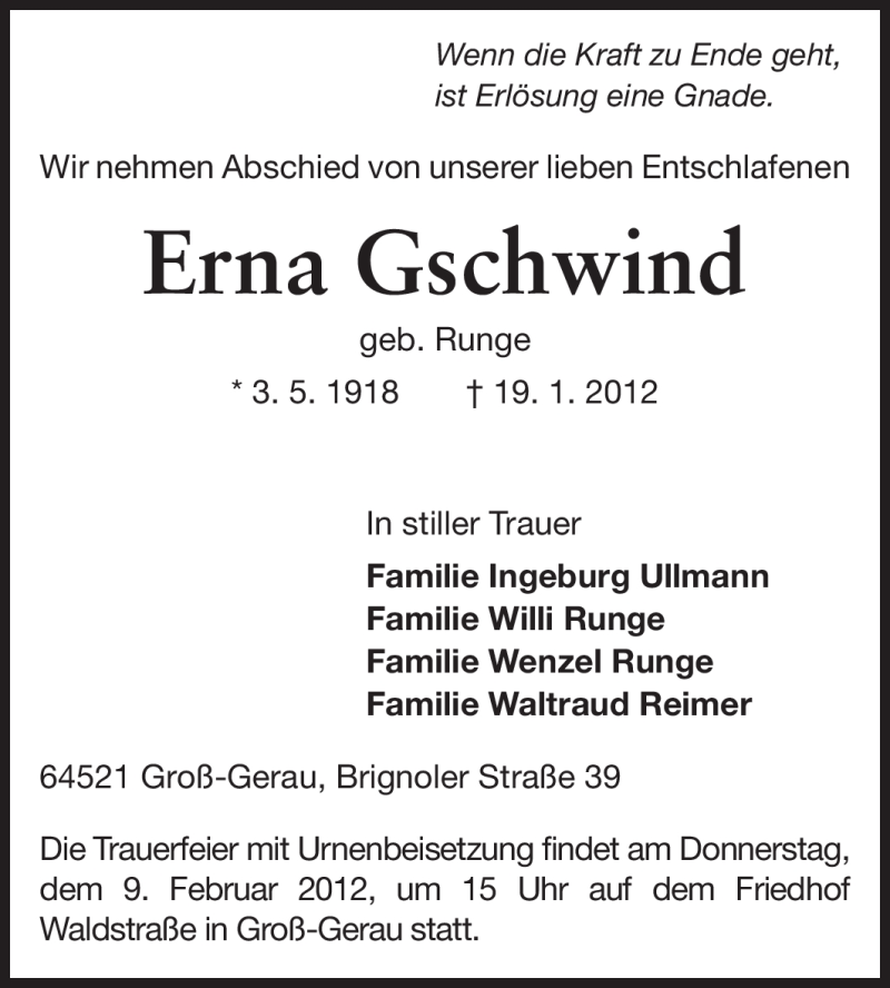  Traueranzeige für Erna Gschwind vom 07.02.2012 aus Rüsselsheimer Echo, Groß-Gerauer-Echo, Ried Echo