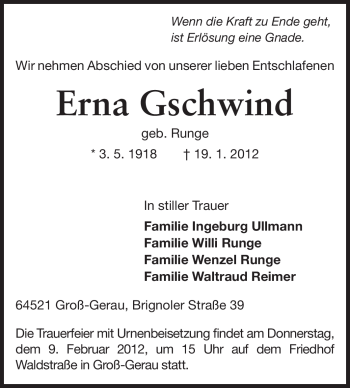 Traueranzeige von Erna Gschwind von Rüsselsheimer Echo, Groß-Gerauer-Echo, Ried Echo