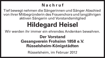 Traueranzeige von Hildegard Heisel von Rüsselsheimer Echo, Groß-Gerauer-Echo, Ried Echo
