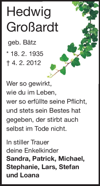 Traueranzeige von Hedwig Großardt von Echo-Zeitungen (Gesamtausgabe)