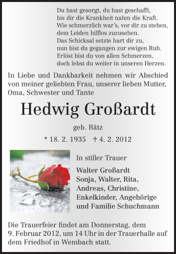 Traueranzeige von Hedwig Großardt von Echo-Zeitungen (Gesamtausgabe)