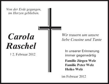 Traueranzeige von Carola Raschel von Rüsselsheimer Echo, Groß-Gerauer-Echo, Ried Echo