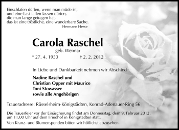 Traueranzeige von Carola Raschel von Rüsselsheimer Echo, Groß-Gerauer-Echo, Ried Echo