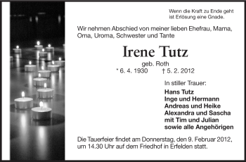 Traueranzeige von Irene Tutz von Rüsselsheimer Echo, Groß-Gerauer-Echo, Ried Echo