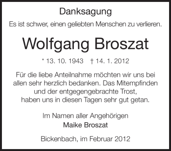 Traueranzeige von Wolfgang Broszat von Echo-Zeitungen (Gesamtausgabe)