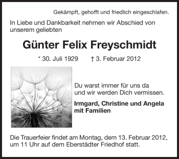 Traueranzeige von Günter Felix Freyschmidt von Echo-Zeitungen (Gesamtausgabe)