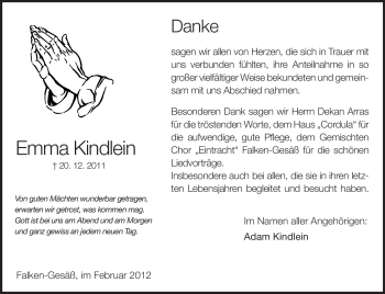 Traueranzeige von Emma Kindlein von Odenwälder Echo