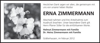 Traueranzeige von Erna Zimmermann von Echo-Zeitungen (Gesamtausgabe)