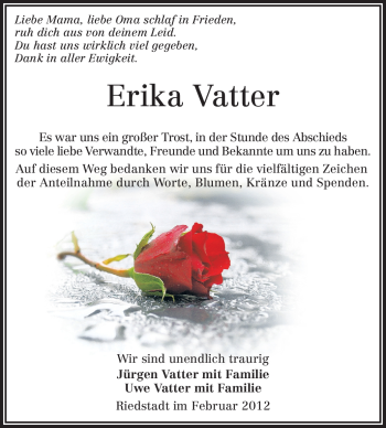 Traueranzeige von Erika Vatter von Rüsselsheimer Echo, Groß-Gerauer-Echo, Ried Echo
