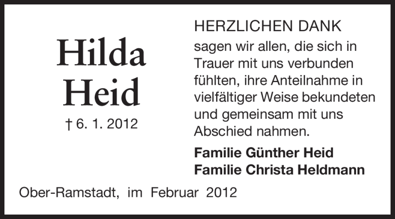  Traueranzeige für Hilda Heid vom 11.02.2012 aus Darmstädter Echo, Odenwälder Echo, Rüsselsheimer Echo, Groß-Gerauer-Echo, Ried Echo