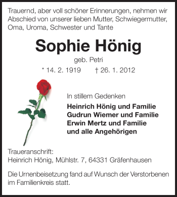 Traueranzeige von Sophie Hönig von Echo-Zeitungen (Gesamtausgabe)