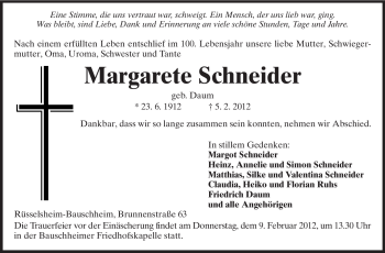 Traueranzeige von Margarete Schneider von Rüsselsheimer Echo, Groß-Gerauer-Echo, Ried Echo