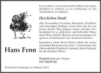 Traueranzeige von Hans Fenn von Odenwälder Echo