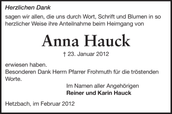 Traueranzeige von Anna Hauck von Odenwälder Echo