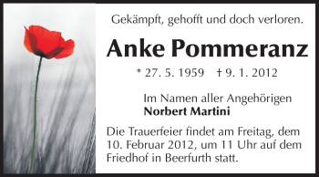 Traueranzeige von Anke Pommeranz von Odenwälder Echo