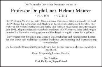 Traueranzeige von Helmut Mäurer von Echo-Zeitungen (Gesamtausgabe)