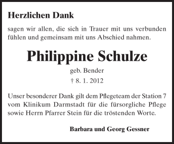 Traueranzeige von Philippine Schulze von Darmstädter Echo, Odenwälder Echo, Rüsselsheimer Echo, Groß-Gerauer-Echo, Ried Echo