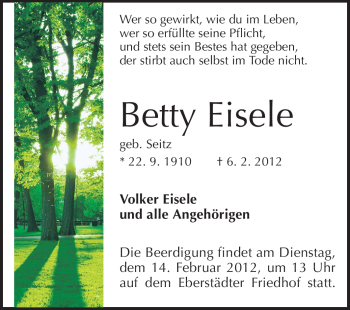 Traueranzeige von Betty Eisele von Echo-Zeitungen (Gesamtausgabe)