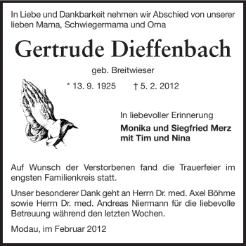 Traueranzeige von Gertrude Dieffenbach von Echo-Zeitungen (Gesamtausgabe)