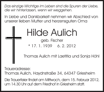 Traueranzeige von Hilde Aulich von Echo-Zeitungen (Gesamtausgabe)