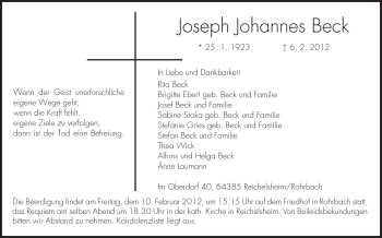 Traueranzeige von Joseph Johannes Beck von Echo-Zeitungen (Gesamtausgabe)