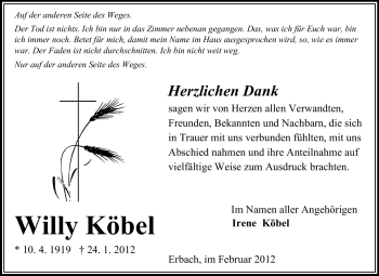 Traueranzeige von Willy Köbel von Odenwälder Echo