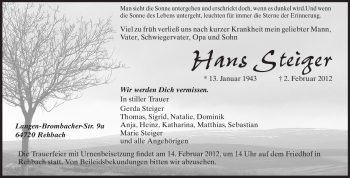 Traueranzeige von Hans Steiger von Odenwälder Echo