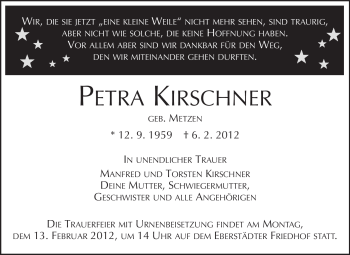 Traueranzeige von Petra Kirschner von Echo-Zeitungen (Gesamtausgabe)