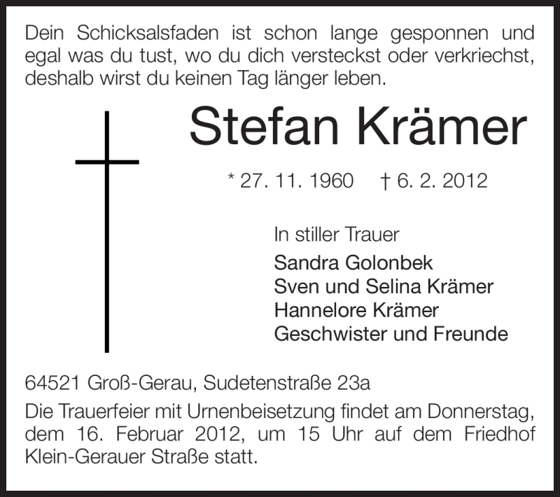  Traueranzeige für Stefan Krämer vom 13.02.2012 aus Rüsselsheimer Echo, Groß-Gerauer-Echo, Ried Echo