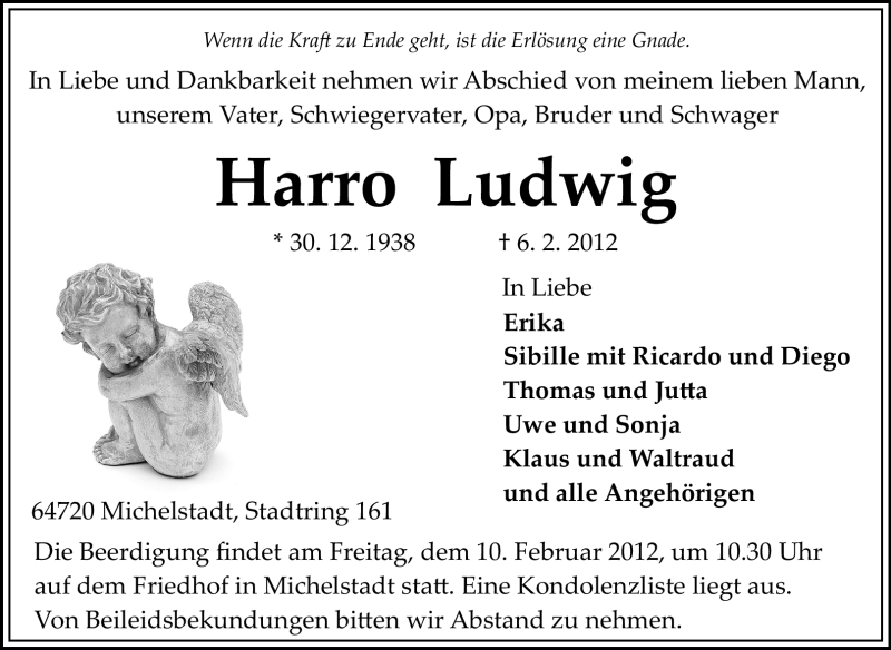  Traueranzeige für Harro Ludwig  vom 09.02.2012 aus Odenwälder Echo