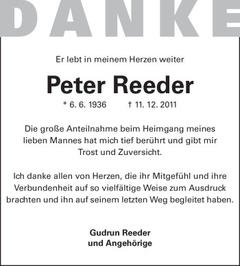 Traueranzeige von Peter Reeder von Echo-Zeitungen (Gesamtausgabe)