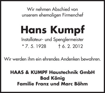 Traueranzeige von Hans Kumpf von Odenwälder Echo