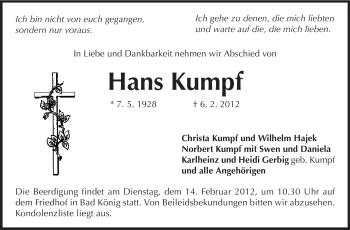 Traueranzeige von Hans Kumpf von Odenwälder Echo
